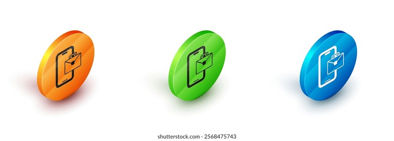 Isometric Freelancer icon isolated on white background. Freelancer man working on laptop at his house. Online working, distant job concept. Circle button. Vector