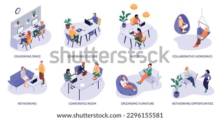 Isometric freelancer set with isolated compositions of working spaces text captions and characters of remote workers vector illustration