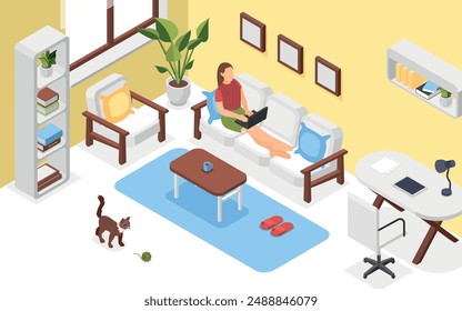 Isometric freelancer working. Female sitting on sofa and work with laptop. Weekend job, business woman using internet. Cozy flawless vector scene