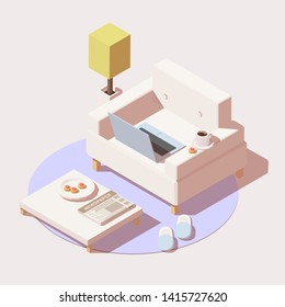 Isometric freelancer workspace template. Home work or online education icon. Vector illustration include chair, table, laptop, the cup of coffee and slippers.