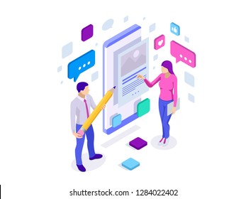 Isometric freelancing, creative blogging, commercial blog posting, copywriting, content marketing strategy. People are standing near smartphone, using a smartphone, reading news, texting message.