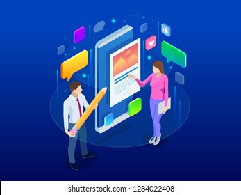 Isometric freelancing, creative blogging, commercial blog posting, copywriting, content marketing strategy. People are standing near smartphone, using a smartphone, reading news, texting message.