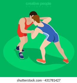 Isometric freestyle wrestling fight sports concept. Flat 3d isometry web site conceptual vector illustration. Creative people collection.