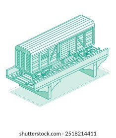 Coche de ferrocarril de carga isométrica en el puente. Objeto aislado sobre fondo blanco. Ferrocarril. Ilustración vectorial. Carro sobre rieles. Carro de vagón de carga. Transporte ferroviario de Industrial.