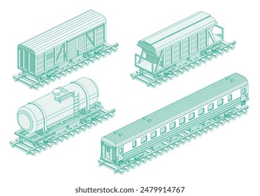 Ferrocarril de carga isométrica, vagón de tolva, vagón cisterna de ferrocarril y vagón de ferrocarril de pasajeros. Objeto aislado sobre fondo blanco. Ferrocarril. Ilustración vectorial. Vagón sobre rieles. Transporte de Industrial.