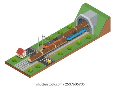 Isometrischer Güterzug mit Kiefernstämmen zeigt eine leistungsstarke Lokomotive, die Holz entlang der Bahnsteige transportiert. Eisenbahngüterwagen, Bahnsteig für Holztransport