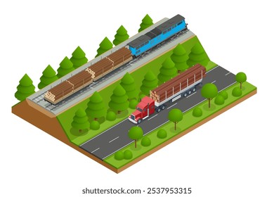 Isometrischer Güterzug mit Kiefernstämmen zeigt eine leistungsstarke Lokomotive, die Holz entlang der Bahnsteige transportiert. Eisenbahngüterwagen, Bahnsteig für Holztransport