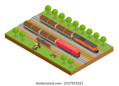 Isometrischer Güterzug mit Kiefernstämmen zeigt eine leistungsstarke Lokomotive, die Holz entlang der Bahnsteige transportiert. Eisenbahngüterwagen, Bahnsteig für Holztransport