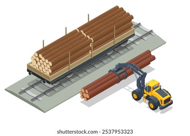 Isometrischer Güterzug mit Kiefernstämmen zeigt eine leistungsstarke Lokomotive, die Holz entlang der Bahnsteige transportiert. Eisenbahngüterwagen, Bahnsteig für Holztransport