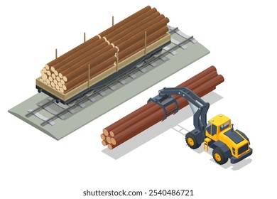 Isometrischer Güterzug mit Kiefernstämmen zeigt eine leistungsstarke Lokomotive, die Holz entlang der Bahnsteige transportiert. Eisenbahngüterwagen, Bahnsteig für Holztransport.