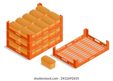 Isometric fresh baked bread in box. Pastry natural organic food. Healthy eating and dieting food
