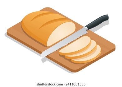 Isometric Fresh bread on the kitchen table. Whole grain bread. Fresh crispy bread cut into pieces and a knife.