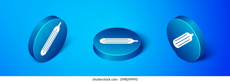 Isometric Fresh cucumber icon isolated on blue background. Blue circle button. Vector