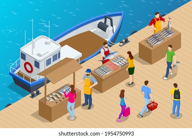 Isometric Fresh Fish and Seafood Sale Market. Fresh Fish in the FreshMarket or Supermarket cooled Fish Fresh. Sea Bass and Bream FreshFish