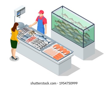 Isometric Fresh Fish and Seafood Sale Market. Fresh Fish in the FreshMarket or Supermarket cooled Fish Fresh. Sea Bass and Bream FreshFish