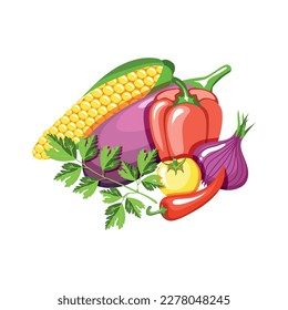 Isometric fresh vegetables for grill and bbq isometric icon with corn pepper eggplant 3d vector illustration