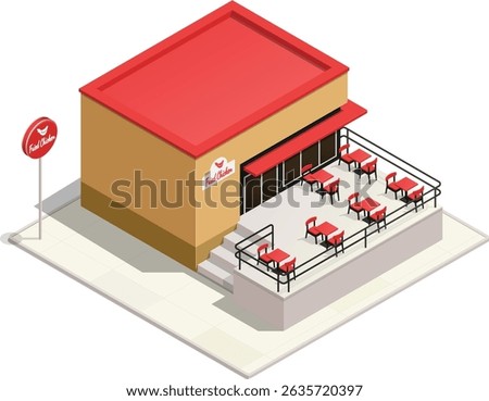 Isometric fried chicken restaurant with open terrace