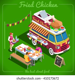 Isometric Fried Chicken Wings Food Truck Delivery Master. Street Food Chef van Web Template. 3D Flat Isometric Vehicles Food Truck van Infographic Elements Isolated Vector Chicken Fried Poster