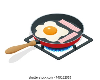 Isometric fried eggs with bacon in a frying pan. Breakfast isolated on white background.