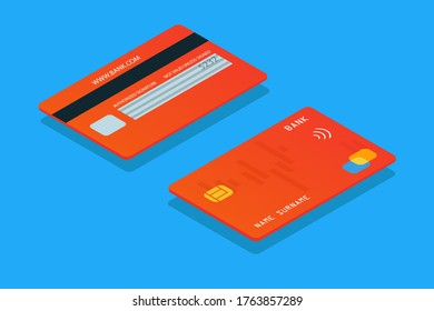 Isometrische Vorder- und Rückseite einer Kreditkarte, Bankkartenkonzept, Debitkarte. Digitale Währung