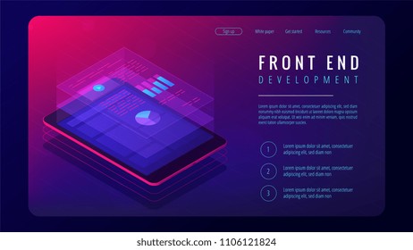 Isometric front end development landing page concept. Dedicated team. Front end application interface and coding development illustration on ultraviolet background. Vector 3d isometric illustration