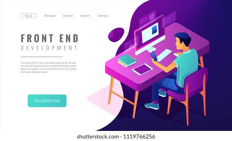 Isometrisches Frontend-Entwicklungslandingkonzept. Front-End-Entwickler von Website- und App-Schnittstellen, Programmierung und Programmierer-Illustration auf weißem Hintergrund. Vektorgrafik 3D isometrische Abbildung.