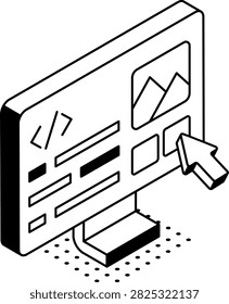 Isometric frontend code screen with interface panels and a cursor.