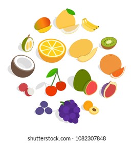 Isometric fruit icons set. Universal fruit icons to use for web and mobile UI, set of basic fruit elements isolated vector illustration