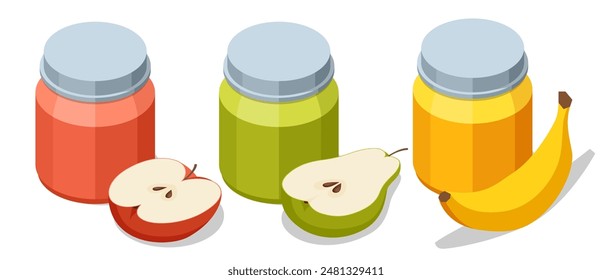 Isometric Fruit puree in jars. Freshly squeezed juice from apples, pears and bananas.