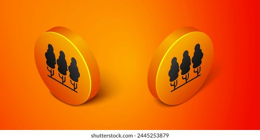 Isometric Fruit trees icon isolated on orange background. Agricultural plant. Organic farm product. Fruit garden. Gardening theme. Orange circle button. Vector