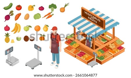 Isometric fruit and vegetable market collection. Various produce selection. Blue awning stall. Vendor in red uniform. Scales and price displays. Vector isolated on white background.