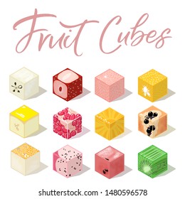 Isometric frut cubes with shadows. Colorful vector food illustration for healthy food cafe, restaurant, fruits and grocery market