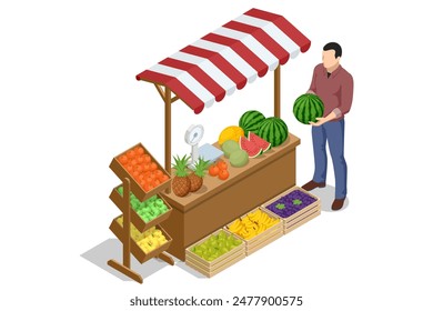 Isometric Fruts Sale. Farmer sells fresh Fruts. Natural fresh products. Sellers and marketing concept. Farmer market. Fresh fruit for sale at a market