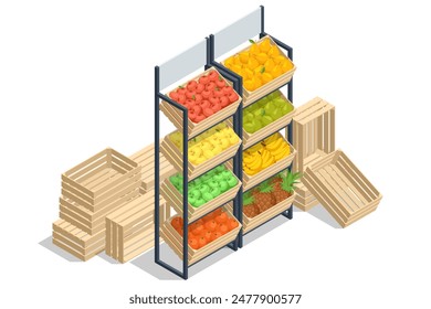 Isometric Fruts Sale. Farmer sells fresh Fruts. Natural fresh products. Sellers and marketing concept. Farmer market. Fresh fruit for sale at a market