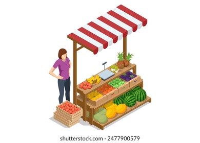 Isometric Fruts Sale. Farmer sells fresh Fruts. Natural fresh products. Sellers and marketing concept. Farmer market. Fresh fruit for sale at a market