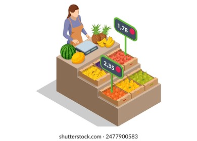 Isometric Fruts Sale. Farmer sells fresh Fruts. Natural fresh products. Sellers and marketing concept. Farmer market. Fresh fruit for sale at a market