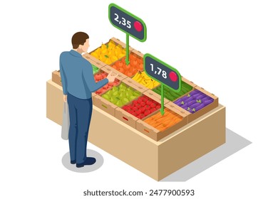 Isometric Fruts Sale. Farmer sells fresh Fruts. Natural fresh products. Sellers and marketing concept. Farmer market. Fresh fruit for sale at a market