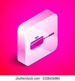 Isometric Frying pan icon isolated on pink background. Fry or roast food symbol. Silver square button. Vector Illustration