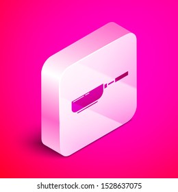 Isometric Frying pan icon isolated on pink background. Fry or roast food symbol. Silver square button. Vector Illustration