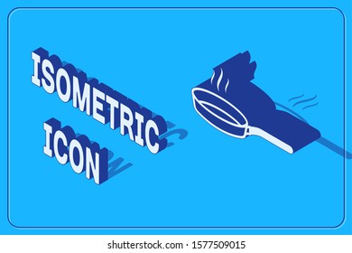 Isometric Frying pan icon isolated on blue background. Fry or roast food symbol.  Vector Illustration