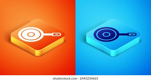 Isometric Frying pan icon isolated on orange and blue background. Fry or roast food symbol.  Vector