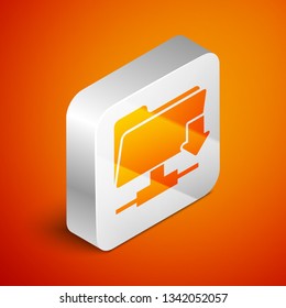 Isometric FTP folder download icon on orange background. Concept of software update, transfer protocol, router, teamwork tool management, copy process. Silver square button. Vector Illustration