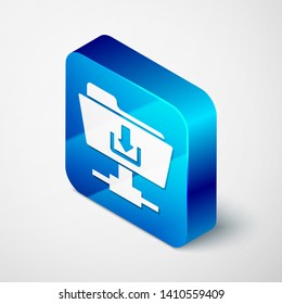 Isometric FTP folder download icon on white background. Concept of software update, transfer protocol, router, teamwork tool management, copy process. Blue square button. Vector Illustration