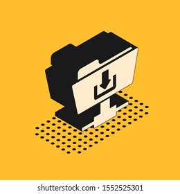 Isometric FTP folder download icon isolated on yellow background. Software update, transfer protocol, router, teamwork tool management, copy process.  Vector Illustration