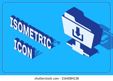 Isometric FTP folder download icon isolated on blue background. Software update, transfer protocol, router, teamwork tool management, copy process.  Vector Illustration