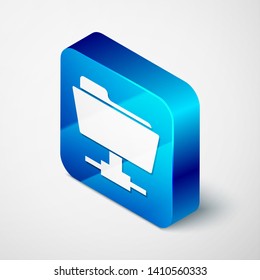 Isometric FTP folder icon isolated on white background. Concept of software update, ftp transfer protocol, router, teamwork tool management, copy process, info. Blue square button. Vector Illustration