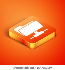 Isometric FTP folder icon isolated on orange background. Software update, transfer protocol, router, teamwork tool management, copy process, info.  Vector Illustration