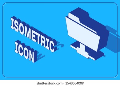 Isometric FTP folder icon isolated on blue background. Software update, transfer protocol, router, teamwork tool management, copy process, info.  Vector Illustration