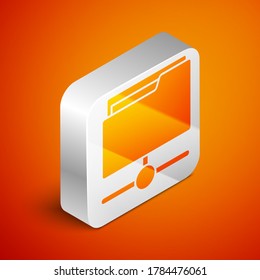 Isometric FTP folder icon isolated on orange background. Software update, transfer protocol, router, teamwork tool management, copy process, info. Silver square button. Vector