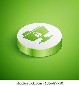 Isometric FTP folder and lock icon isolated on green background. Concept of software update, ftp transfer protocol. Security, safety, protection concept. White circle button. Vector Illustration